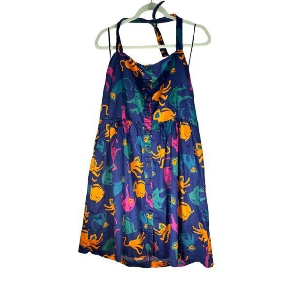 Modcloth Just Swinging By Fit & Flare Dress Size 14 Blue Monkey Print  Womens Su - Picture 2 of 8
